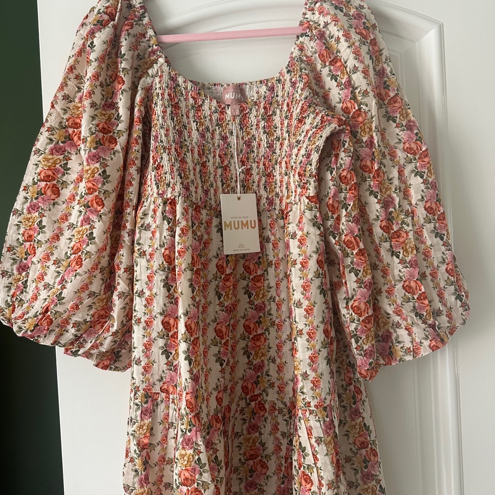 Show Me Your MuMu Cream Floral Puff Sleeve Dress
